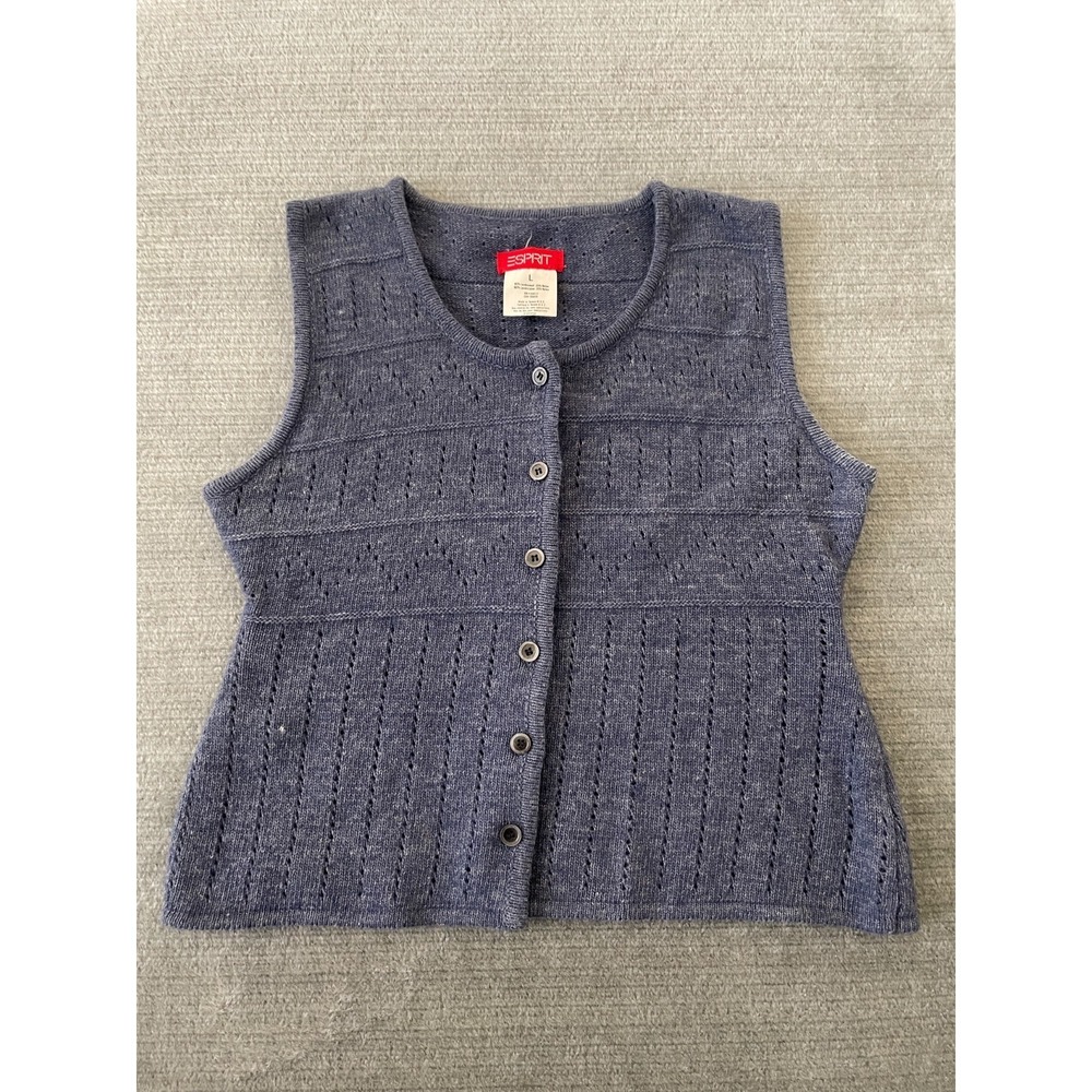 Y2K Esprit Wool Cardigan Vest Womens Large Gray Knit Button Front Stretch Casual